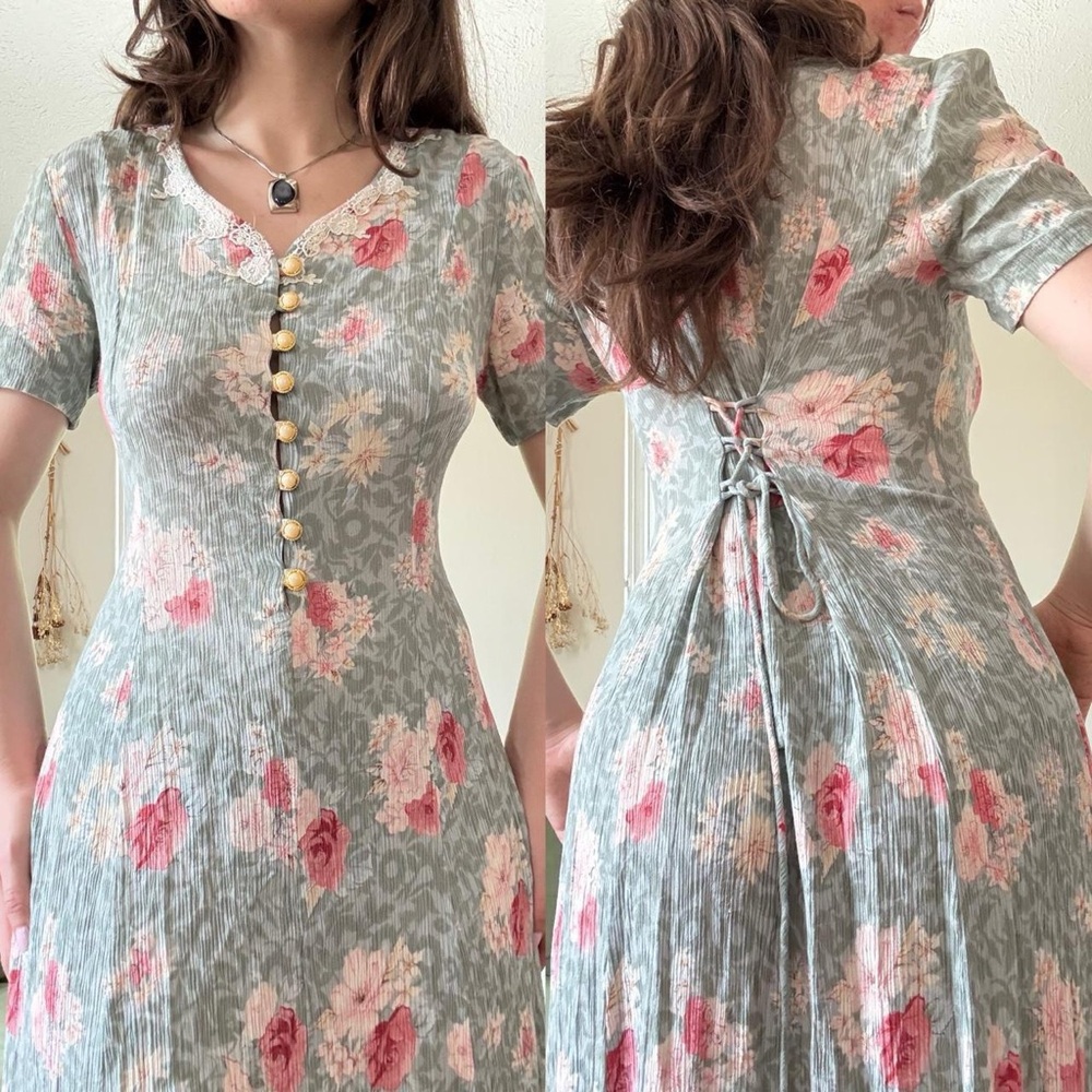 Vintage 80s/90s Green Floral Maxi Dress with Pink Rose Print Size 11/12